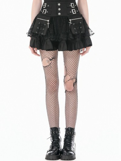Dark in love Black Gothic Punk Lace Patchwork Zipper Pocket Ruffle Mini Skirt