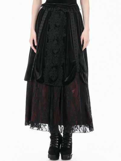 Dark in love Black Gothic Baroque Guipure Lace Ruched Velvet Long Skirt