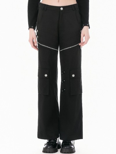 Dark in love Black Gothic Cross Zip Pocket Wide-Leg Cargo Pants for Women
