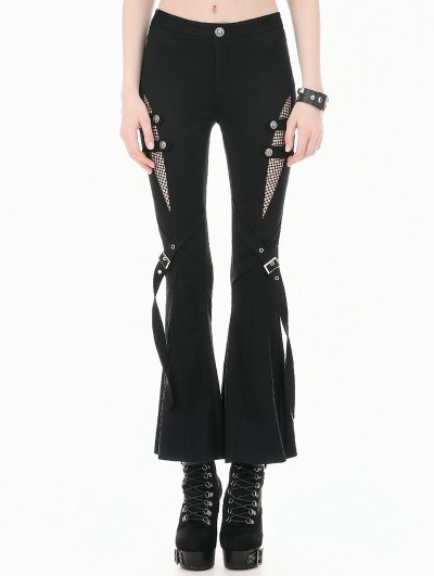 Dark in love Black Gothic Punk Mesh Patchwork Cutout Buckle Flare Pants for Women