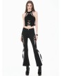 Dark in love Black Gothic Punk Mesh Patchwork Cutout Buckle Flare Pants for Women