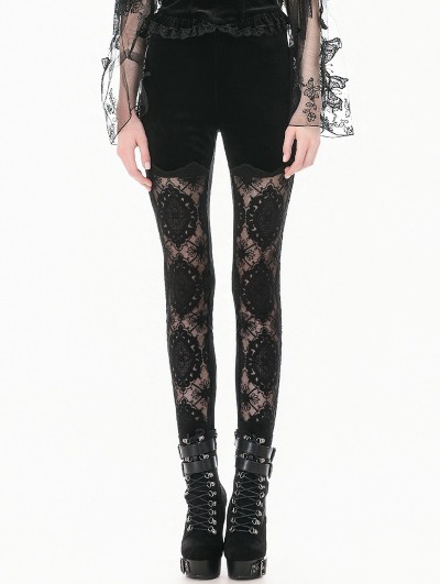 Dark in love Black Gothic Retro Embroidery Sheer Lace Patchwork Velvet Leggings for Women