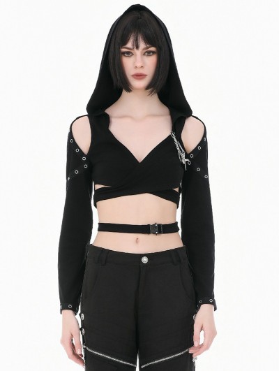 Dark in love Black Punk Gothic Cold Shoulder Hooded Crop Top for Women