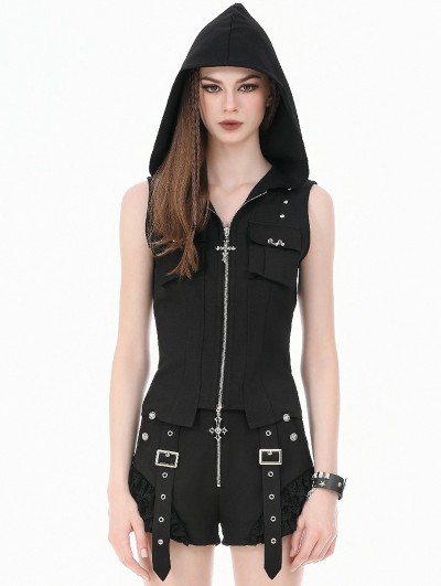 Dark in love Black Dark Rebel Gothic Punk Hooded Vest Top for Women