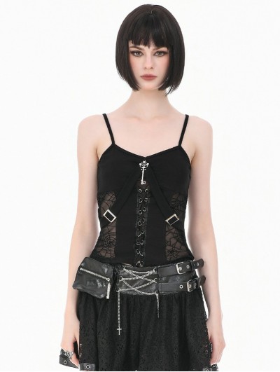 Dark in love Black Gothic Punk Spiderweb Mesh Spliced Cami Top for Women