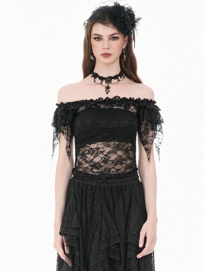 Dark in love Black Gothic Romantic Off-Shoulder Sheer Lace Top for Women