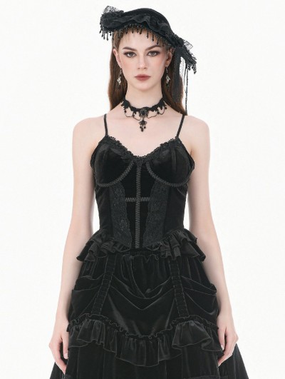 Dark in love Black Gothic Vintage Velvet Lace Patchwork Cami Top for Women