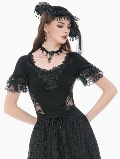 Dark in love Black Gothic Dark Lace Embroidery Panel Fitted Top for Women