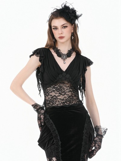 Dark in love Black Gothic Deep-V Lace Patchwork Draped Crop Top for Women