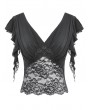 Dark in love Black Gothic Deep-V Lace Patchwork Draped Crop Top for Women