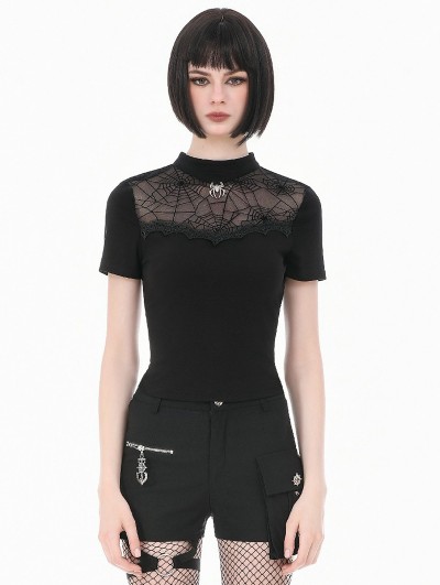 Dark in love Black Gothic Sheer Spiderweb Mesh Short Sleeve Top for Women