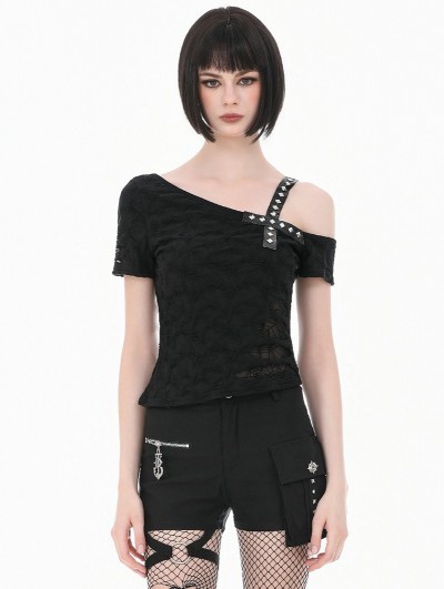 Dark in love Black Gothic Punk Studded Cross Straps Asymmetric Top for Women