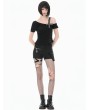 Dark in love Black Gothic Punk Studded Cross Straps Asymmetric Top for Women