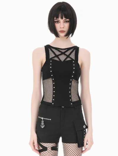 Dark in love Black Gothic Punk Studded Pentagram Mesh Spliced Tank Top for Women