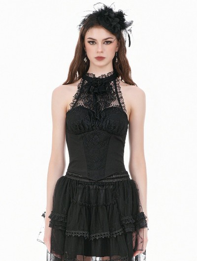 Dark in love Black Gothic Victorian Lace Panel Rose Halter Top for Women