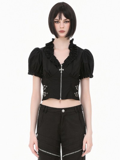 Dark in love Black Gothic Punk Cross Zip Ruffled Puff Sleeve Crop Top for Women