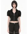 Dark in love Black Gothic Punk Cross Zip Ruffled Puff Sleeve Crop Top for Women