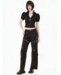 Dark in love Black Gothic Punk Cross Zip Ruffled Puff Sleeve Crop Top for Women