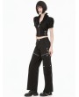 Dark in love Black Gothic Punk Cross Zip Ruffled Puff Sleeve Crop Top for Women