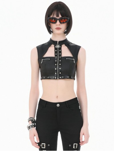 Dark in love Black Gothic Punk Tech-Wear Zipper Leather Crop Top for Women