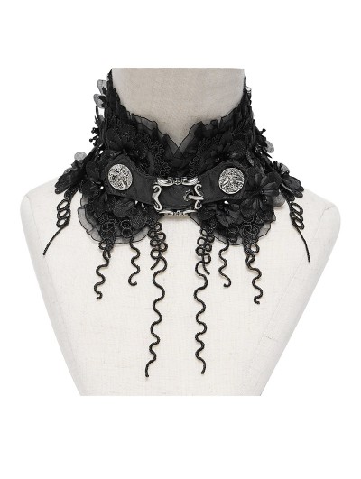 Devil Fashion Black Gothic Flower Applique Fringed Collar