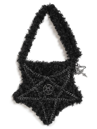 Devil Fashion Black Gothic Pentagram Chain Plush Crossbody Bag
