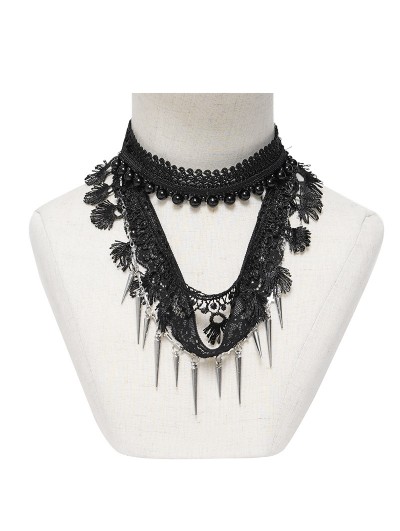 Devil Fashion Black Gothic Spiked Beaded Lace Tassel Choker