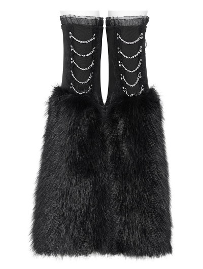 Devil Fashion Black Gothic Chain Decor Furry Flared Leg Warmers
