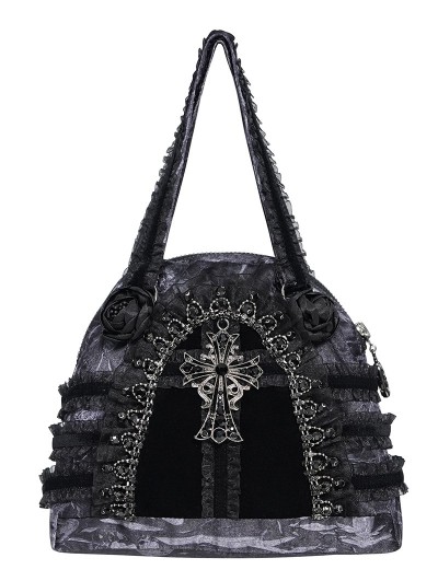 Devil Fashion Grey and Black Gothic Cross Rose Lace Handbag