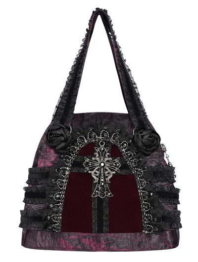 Devil Fashion Black and Red Gothic Cross Rose Lace Handbag