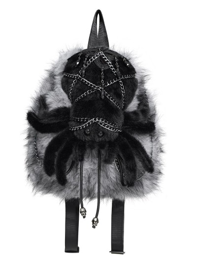 Devil Fashion Grey and Black Spider Plush Gothic Backpack with Chain