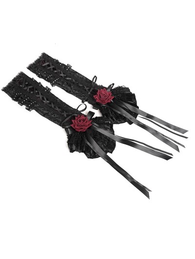 Devil Fashion Black and Red Rose Bow Gothic Lace-Up Arm Sleeves