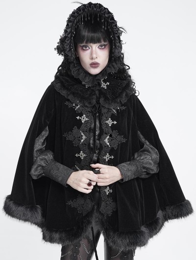 Devil Fashion Black Gothic Embroidered Lace Fur Trimmed Cape for Women