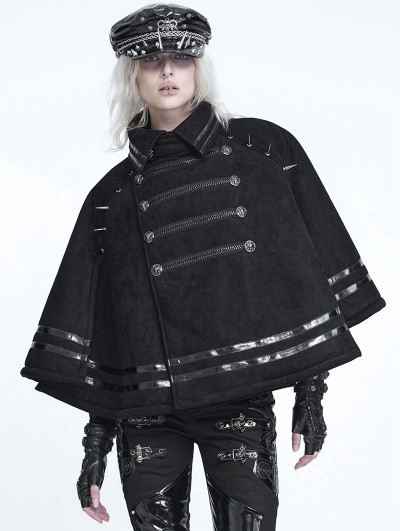 Devil Fashion Black Gothic Punk Military Spiked Double Breasted Cape for Women