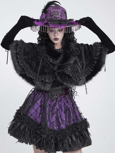 Devil Fashion Black Gothic Floral Velvet Fur Trim Cape for Women