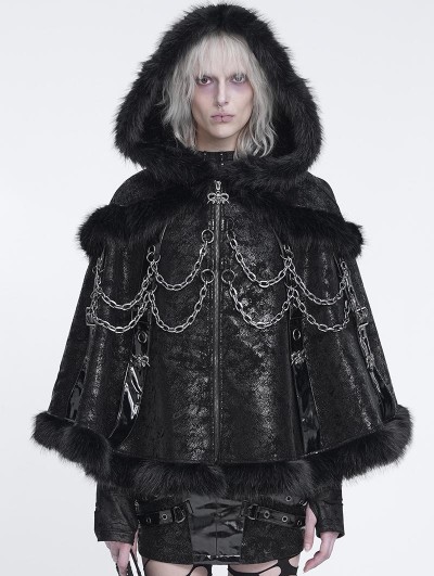 Devil Fashion Black Gothic Faux Fur Trim Chained Leather Cloak for Women