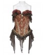 Devil Fashion Brown and Gold Retro Gothic Floral Ruffle Corset Top for Women