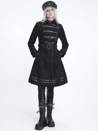 Devil Fashion Black Gothic Punk Military Spiked Double Breasted Coat for Women