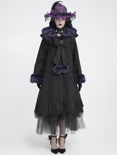 Devil Fashion Black Gothic Purple Fur Trim Women's Coat with Detachable Bowtie