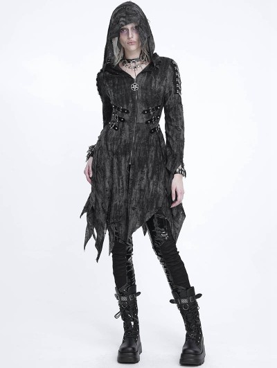 Devil Fashion Black Gothic Distressed Asymmetrical Hooded Coat for Women
