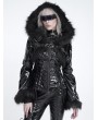 Devil Fashion Black Gothic Fur Hooded Faux Leather Jacket for Women
