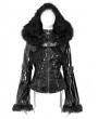 Devil Fashion Black Gothic Fur Hooded Faux Leather Jacket for Women