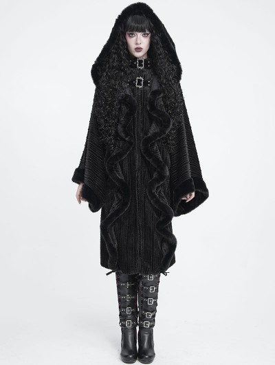 Devil Fashion Black Gothic Faux Fur Buckle Hooded Coat for Women