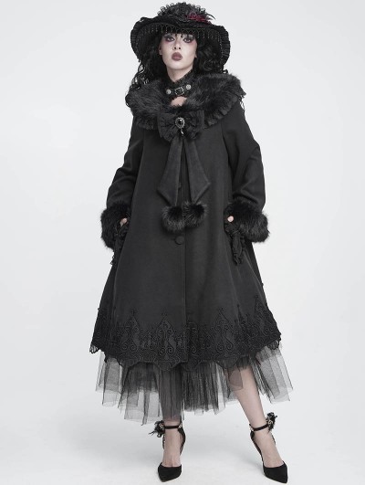 Devil Fashion Black Gothic Fur Trim Women's Coat with Detachable Bowtie