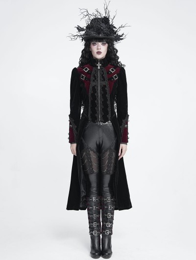 Devil Fashion Black and Red Gothic Vintage Embroidered Velvet Tailcoat for Women