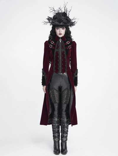 Devil Fashion Red and Black Gothic Vintage Embroidered Velvet Tailcoat for Women