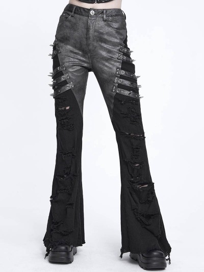 Devil Fashion Black Gothic Spike Studded Patchwork Ripped Flared Pants for Women