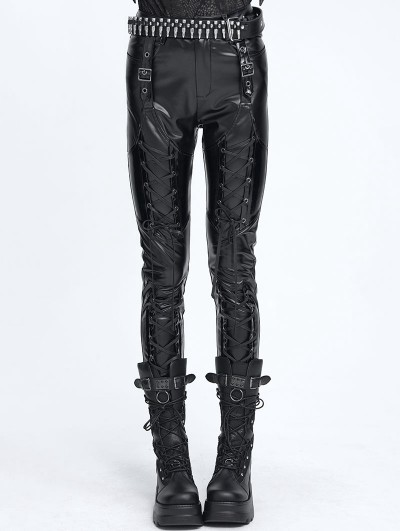 Devil Fashion Black Gothic Buckle Strap Lace-Up Faux Leather Pants for Women