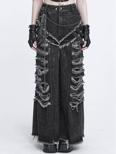 Devil Fashion Black Gothic Punk Grunge Ripped Wide Leg Pants for Women