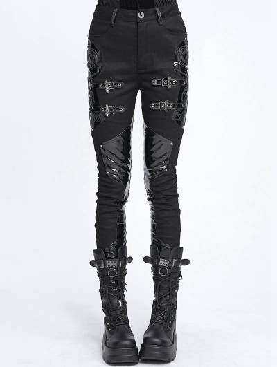 Devil Fashion Black Gothic Punk Rivets Leather Patch Pants for Women